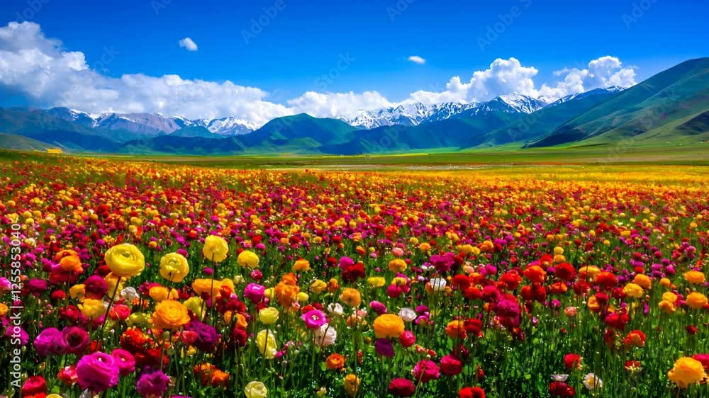 Vibrant Meadow Landscape: A stunning landscape of a flower field with a backdrop of majestic mountains, and blue sky with bright sunshine Vibrant Meadow Landscape: A stunning landscape of a flower field with a backdrop of majestic mountains, and blue sky with bright sunshine