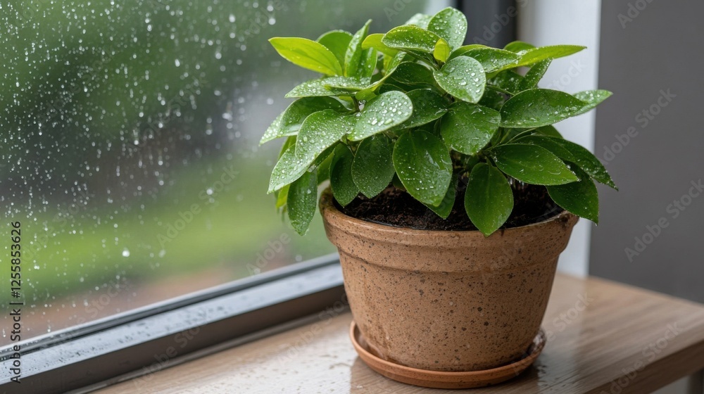 Nurturing a potted plant on a rainy day home interior cozy environment close-up view serene concept for indoor gardening inspiration Nurturing a potted plant on a rainy day home interior cozy environment close-up view serene concept for indoor gardening inspiration