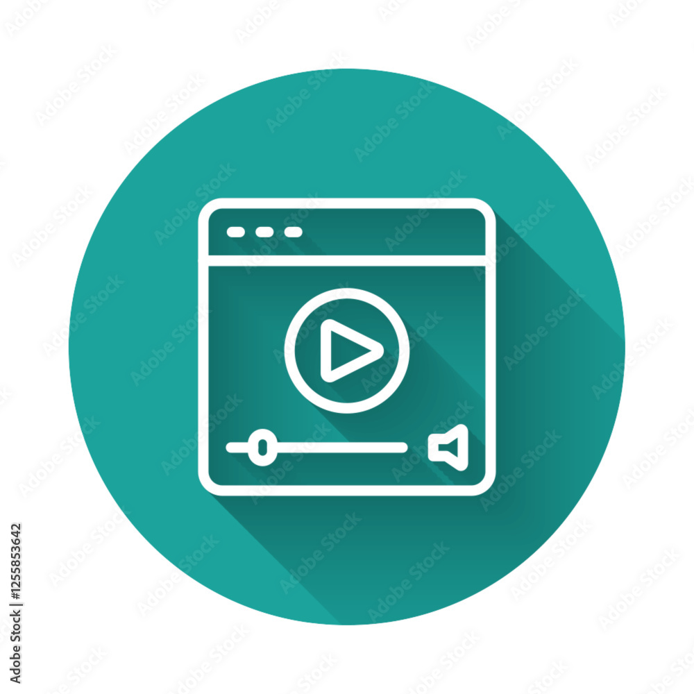 White line Online play video icon isolated with long shadow background. Film strip with play sign. Green circle button. Vector White line Online play video icon isolated with long shadow background. Film strip with play sign. Green circle button. Vector
