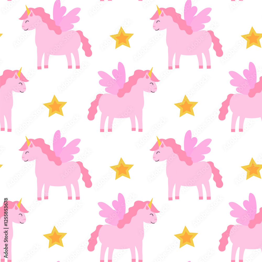 Seamless Pattern, Pink Unicorn Pegasus with stars. Children Vector Flat Illustration. Seamless Pattern, Pink Unicorn Pegasus with stars. Children Vector Flat Illustration.