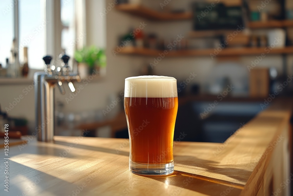 Freshly Poured Beer in Modern Bar Setting with Natural Light and Wooden Countertop Freshly Poured Beer in Modern Bar Setting with Natural Light and Wooden Countertop