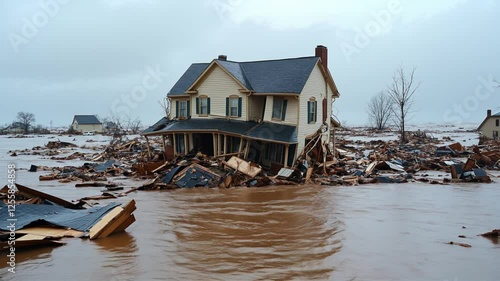 Aftermath of Disaster: A house teetering on the brink, surrounded by floodwaters and debris, a stark image of destruction and the devastating power of nature