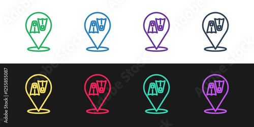 Set line Rubber flippers for swimming icon isolated on black and white background. Diving equipment. Extreme sport. Diving underwater equipment. Vector