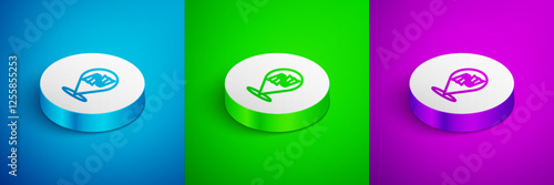 Isometric line Rubber flippers for swimming icon isolated on blue, green and purple background. Diving equipment. Extreme sport. Diving underwater equipment. White circle button. Vector