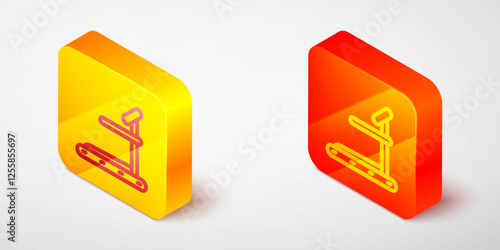 Isometric line Treadmill machine icon isolated on grey background. Yellow and orange square button. Vector