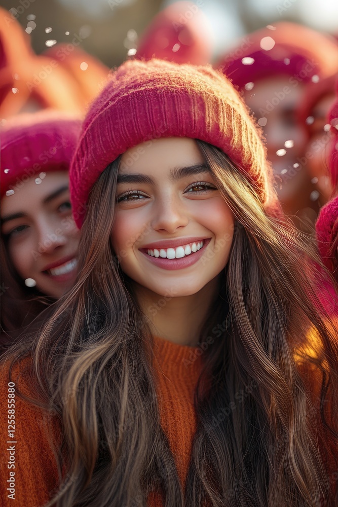 Joyful Young Woman Enjoying Winter Snow in Cozy Red Hat and Sweater Joyful Young Woman Enjoying Winter Snow in Cozy Red Hat and Sweater