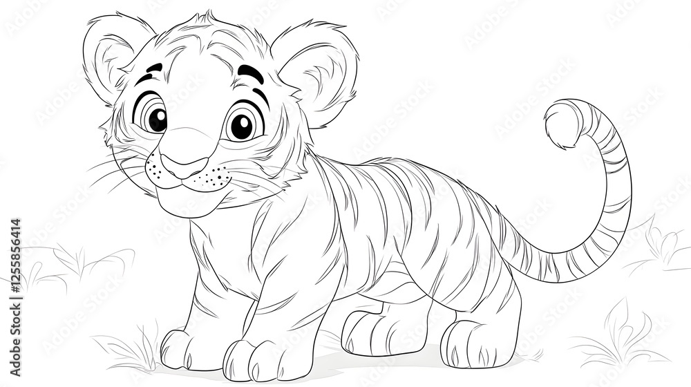Fototapeta premium Cute Cartoon Tiger Cub with Blank Outline for Kids Coloring Activity
