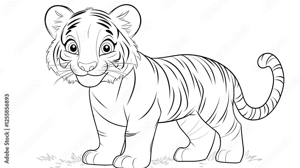 Fototapeta premium Cute cartoon tiger with blank outline for kids coloring and drawing