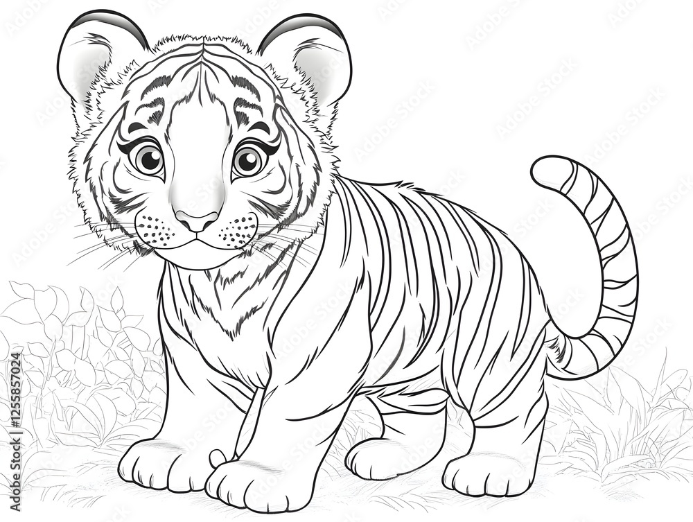 Obraz premium Cute Cartoon Tiger Outline for Coloring Book or Wall Art Design