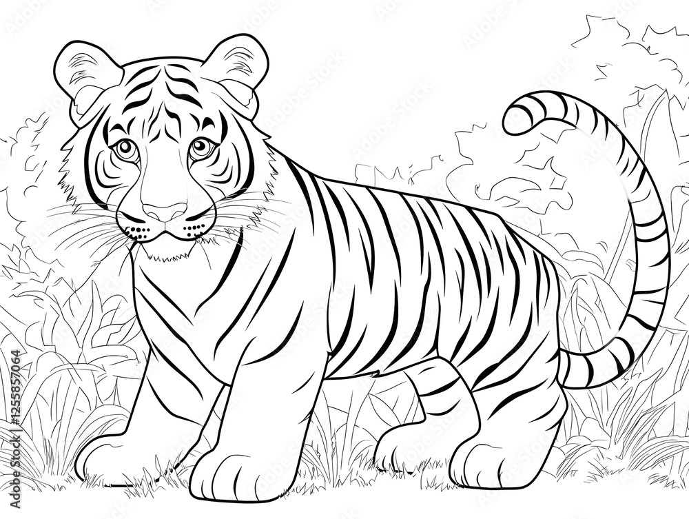 Fototapeta premium Cute Cartoon Tiger with Blank Outline for Kids Coloring Activity