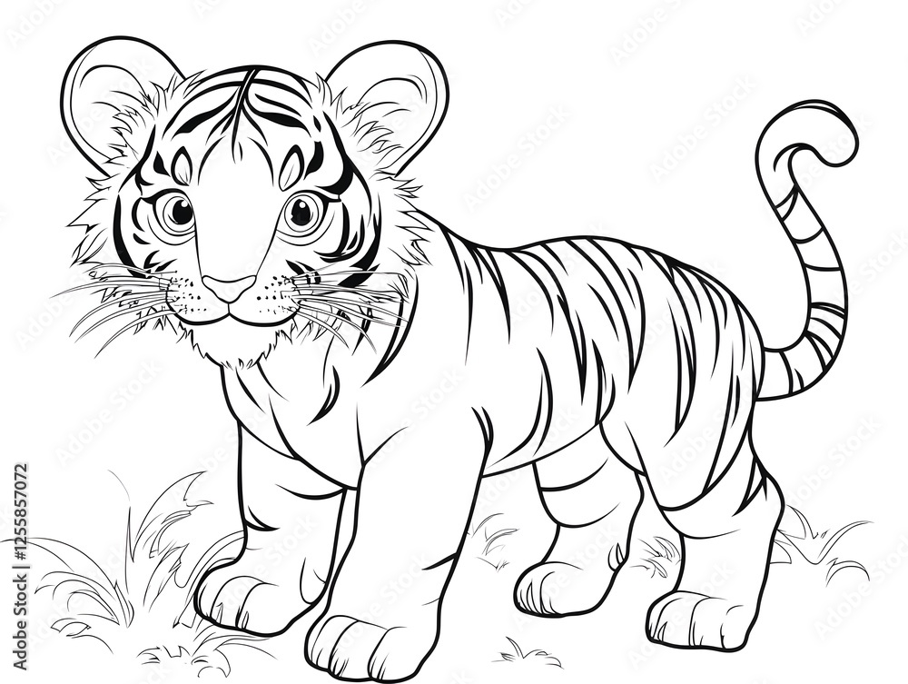 Obraz premium Cute Tiger Cartoon with Blank Outline for Kids to Color