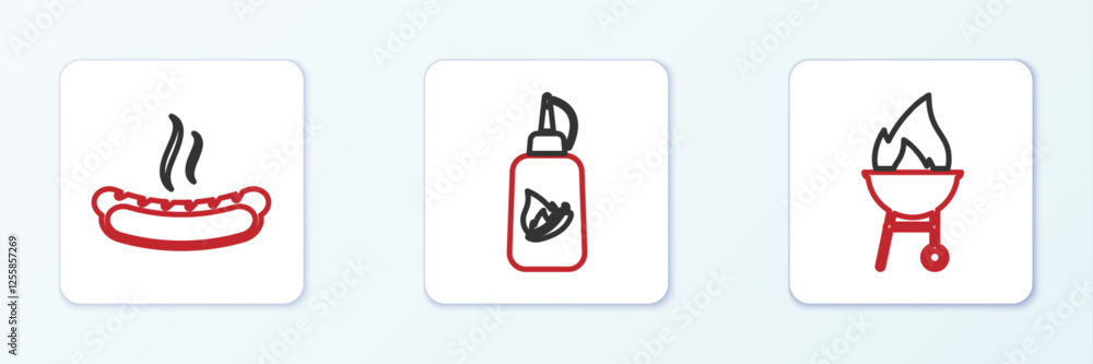 Set line Barbecue grill, Hotdog sandwich and Ketchup bottle icon. Vector Set line Barbecue grill, Hotdog sandwich and Ketchup bottle icon. Vector