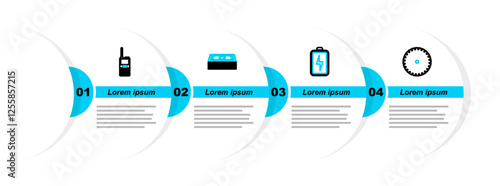 Set line Circular saw blade, Battery, Stacks paper money cash and Walkie talkie icon. Vector