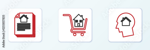 Set line Man dreaming about buying house, House contract and Shopping cart with icon. Vector