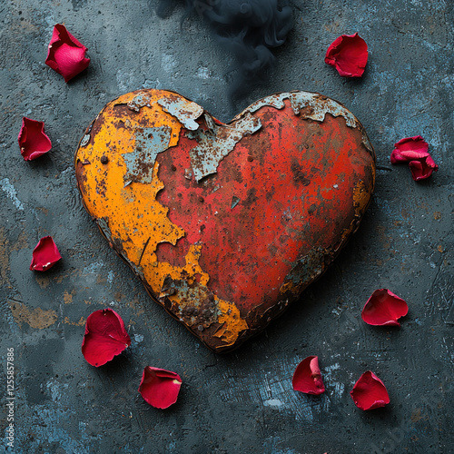 Rusty heart with rose petals on dark background, ideal for Valentine's or love themes