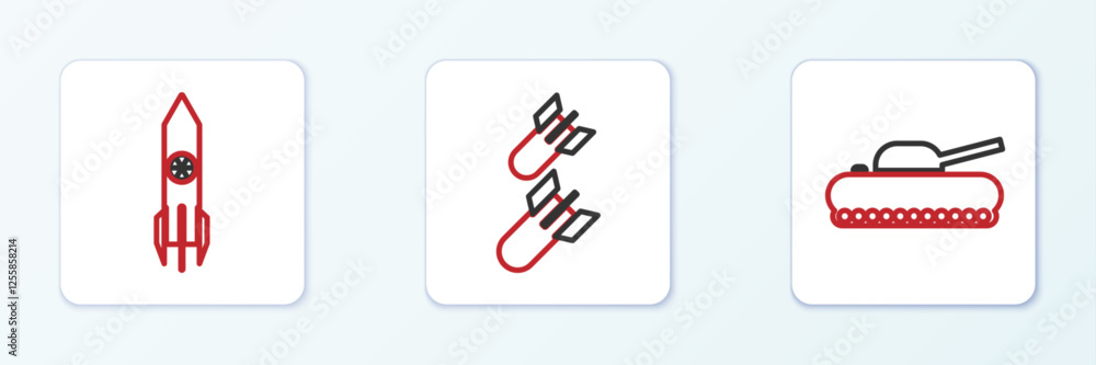 Set line Military tank, Nuclear rocket and Aviation bomb icon. Vector Set line Military tank, Nuclear rocket and Aviation bomb icon. Vector