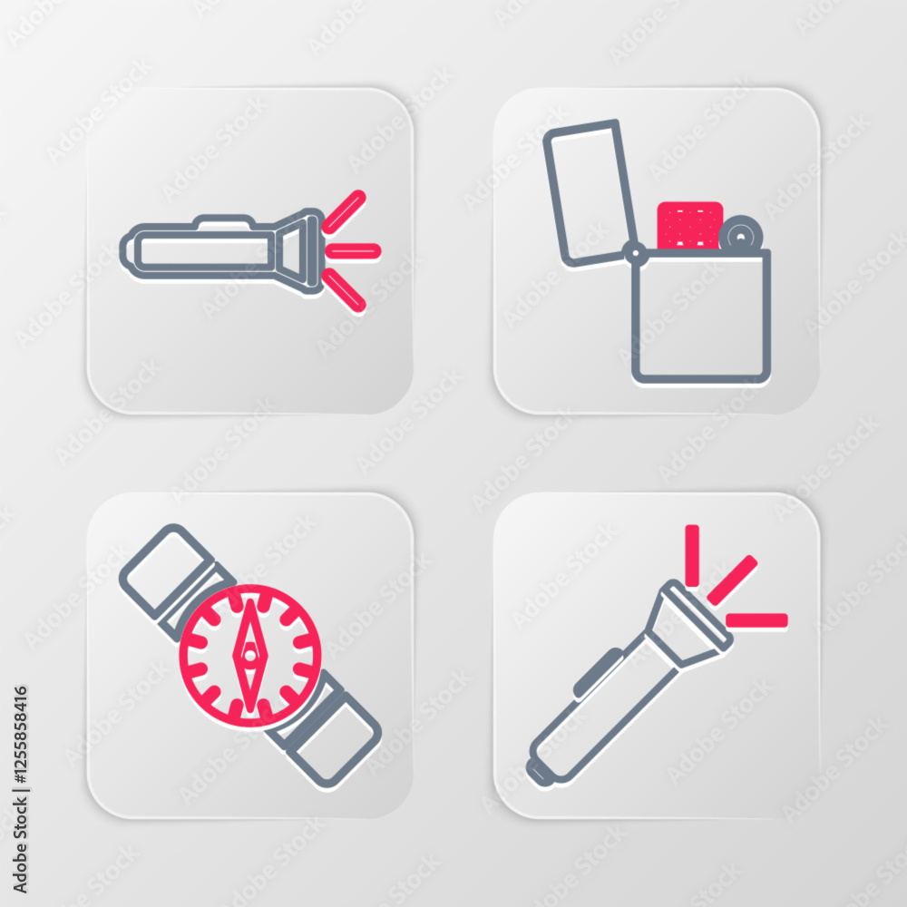 Set line Flashlight, Compass, Lighter and icon. Vector Set line Flashlight, Compass, Lighter and icon. Vector