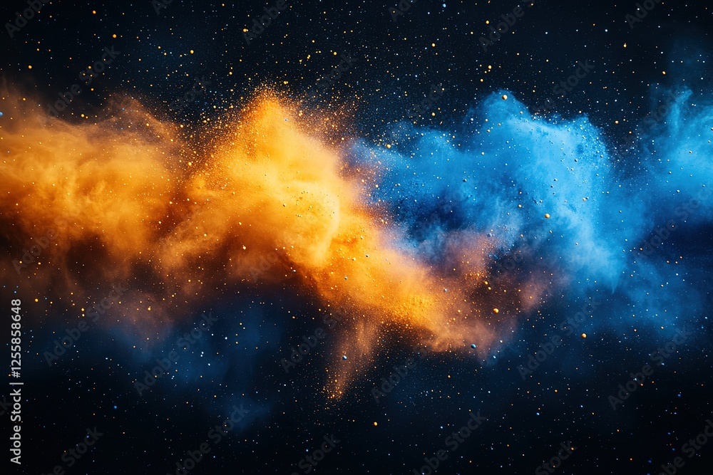 Naklejka premium Dynamic explosion of orange and blue powder a cosmic collision of vibrant colors against a backdrop of shimmering stars