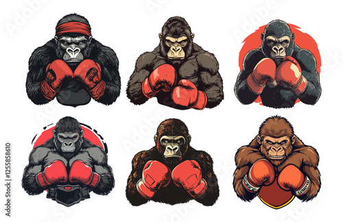 Gorilla boxer cartoon vector set. Strong red gloves furious ready to fight pose ape, martial arts fighter silver back monkey brawler, club emblems logo, isolated illustrations