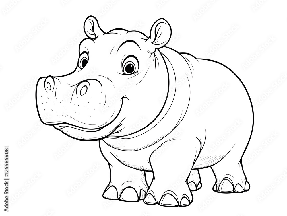 Fototapeta premium Cute Cartoon Hippopotamus with Blank Outline for Coloring and Creative Activities