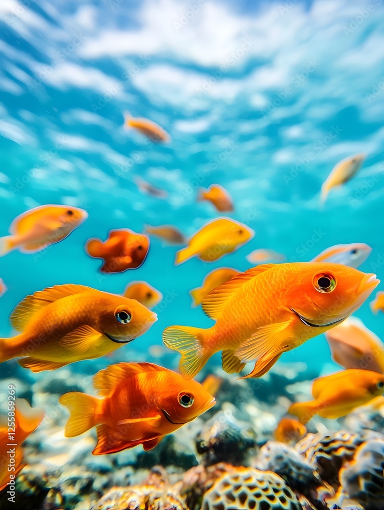 A stunning underwater scene featuring a vibrant coral reef ecosystem filled with a diverse school of brightly colored tropical fish swimming in a serene and tranquil marine paradise A stunning underwater scene featuring a vibrant coral reef ecosystem filled with a diverse school of brightly colored tropical fish swimming in a serene and tranquil marine paradise