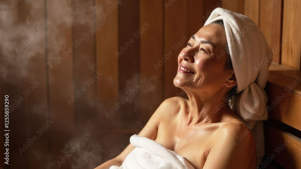 Fototapeta premium Elderly Asian woman relaxing in a sauna, wrapped in a towel, towel on her head, in a traditional wooden steam room with strong steam
