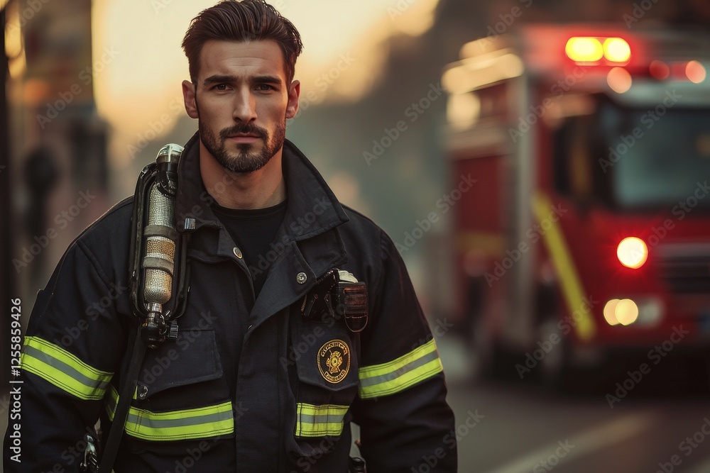 man firefighter in uniform with fire truck man firefighter in uniform with fire truck
