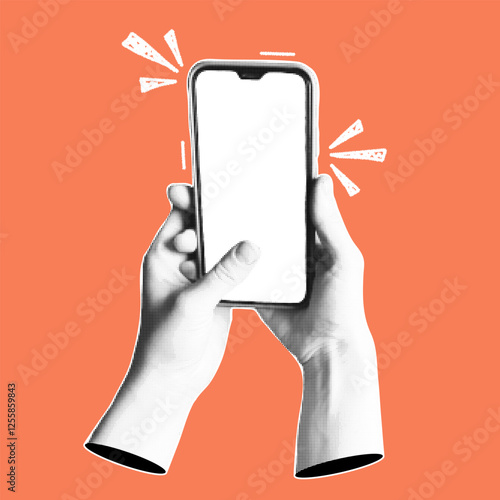 Human hands with a smartphone. Trendy collage banner with hand holding mobile phones. Modern art with halftone effects. Vector pop art illustration.