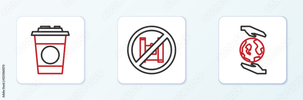 Set line Hands holding Earth globe, Paper glass and Say no to plastic bags poster icon. Vector Set line Hands holding Earth globe, Paper glass and Say no to plastic bags poster icon. Vector