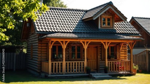 Wooden cottage with porch for vacation rental listings, countryside retreat ads, and rustic lifestyle blogs photo