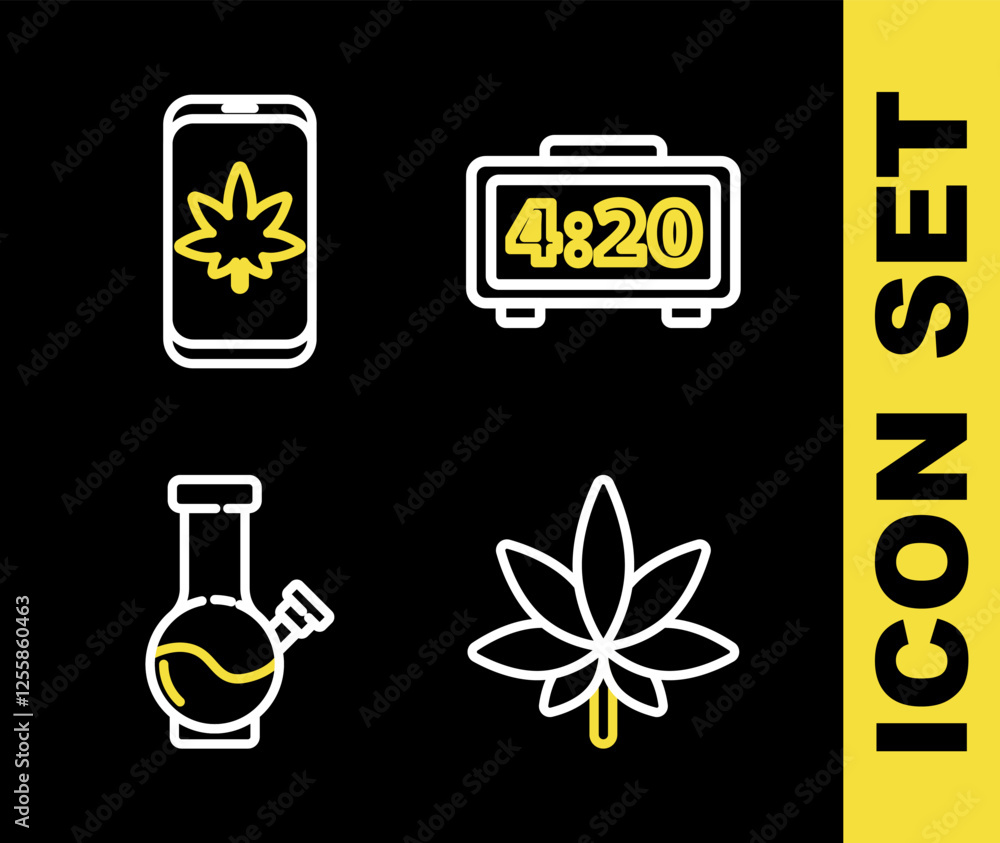 Set line Digital alarm clock, Marijuana or cannabis leaf, Glass bong for smoking marijuana and Mobile and icon. Vector Set line Digital alarm clock, Marijuana or cannabis leaf, Glass bong for smoking marijuana and Mobile and icon. Vector
