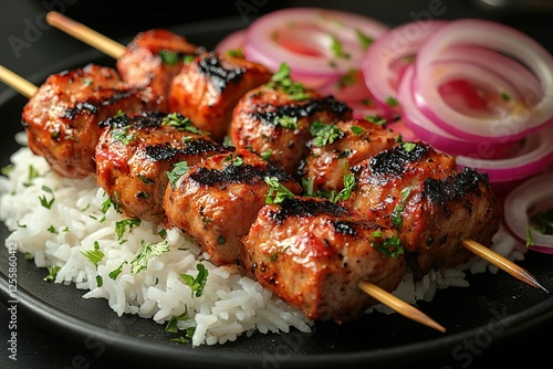 Grilled meat skewers served over rice with sliced onions A delicious and colorful Mediterranean cuisine presentation photo