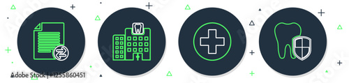 Set line Dental clinic, Medical cross circle, Transfer files and protection icon. Vector