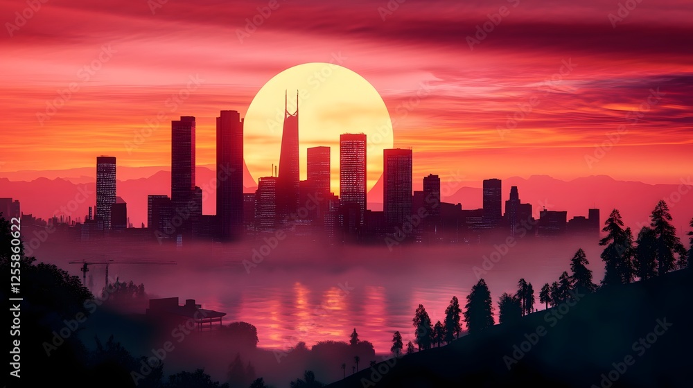 Fototapeta premium Dramatic Cityscape with Smog Warning at Sunrise Skyline