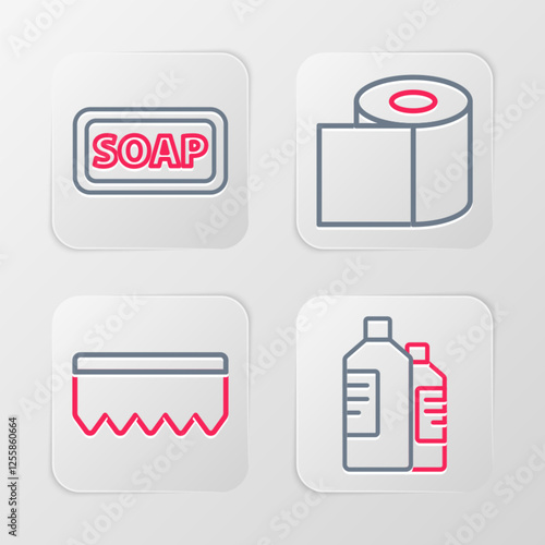 Set line Bottles for cleaning agent, Sponge with bubbles, Toilet paper roll and Bar of soap icon. Vector