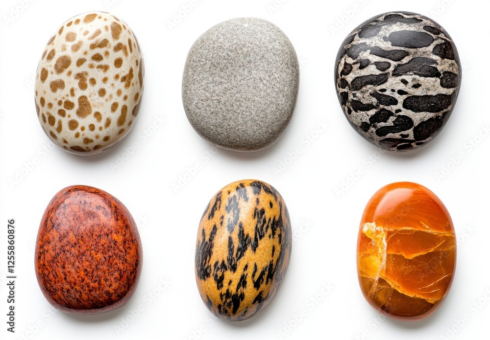 Collection of Six Polished Stones with Diverse Patterns and Colors on White Background