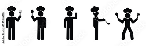 set of icons cook, stick figure man chef, isolated human silhouette, restaurant symbol, people cooking food