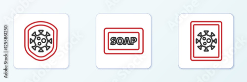 Set line Virus statistics on monitor, Shield protecting from virus and Bar of soap icon. Vector