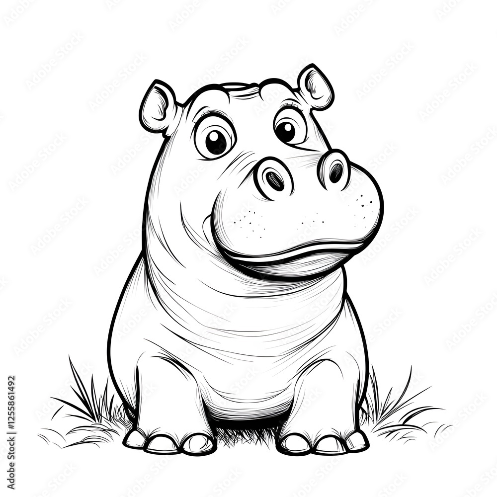 Fototapeta premium Cute Cartoon Hippopotamus with Blank Outline for Kids Coloring Activity