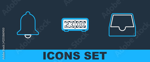 Set line Social media inbox, Ringing bell and Retro flip clock icon. Vector