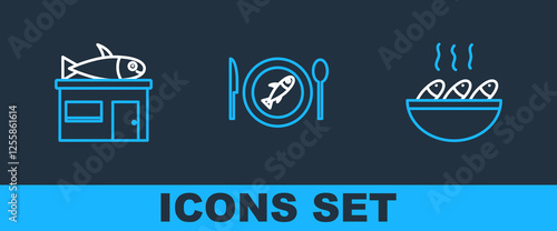 Set line Fish soup, Seafood store and Served fish on plate icon. Vector