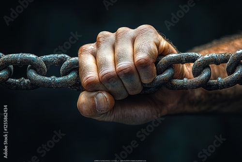 A strong hand gripping a weathered metal chain symbolizing resilience strength and overcoming challenges photo