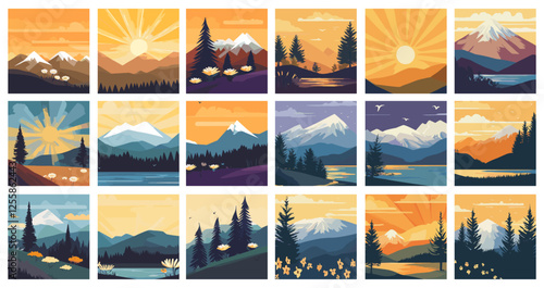 Landscapes cartoon vector set. Mountains ponds nature sunshine scenes forest lakes lawns, wilderness pines rural trees horizons scenery, isolated illustrations