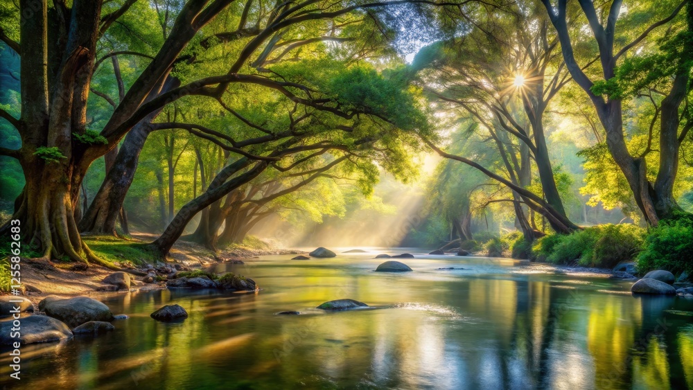 Serene River Flowing Through Lush Green Forest at Sunrise Serene River Flowing Through Lush Green Forest at Sunrise