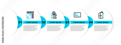 Set line Printer ink bottle, Business card, RGB color mixing and Paper size icon. Vector