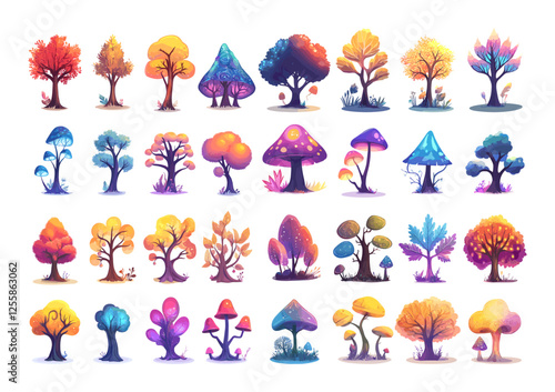 Magic trees cartoon vector set. Woodland fantasy mushrooms mystic forest, glowing spores deciduous oaks enchantment big shrubs botanics plants, isolated illustrations on white