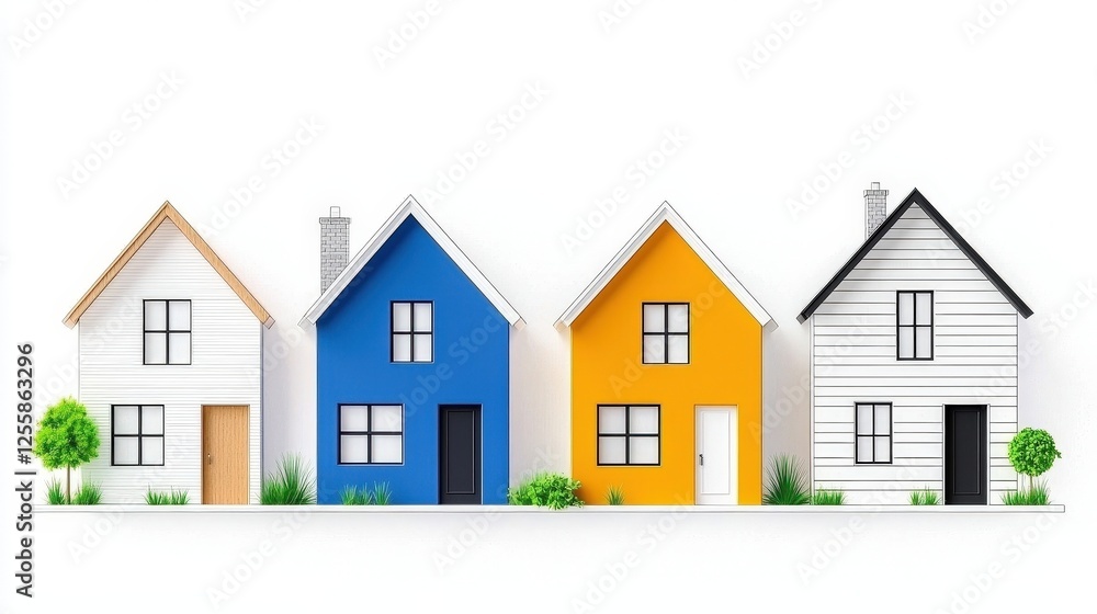Colorful Modern Houses in a Row on a White Background with Trees and Grass Colorful Modern Houses in a Row on a White Background with Trees and Grass
