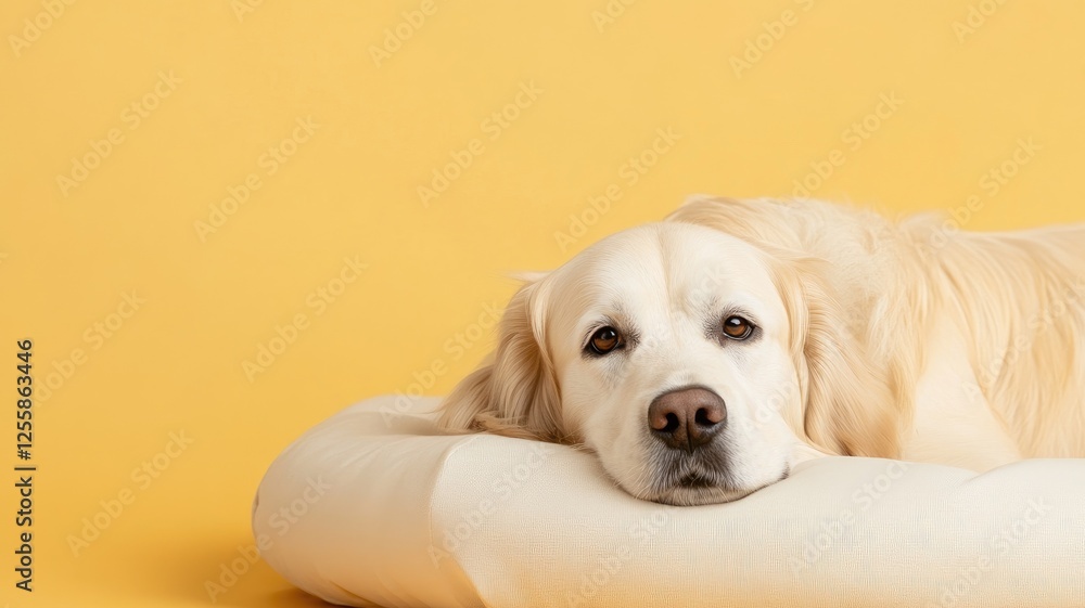 Golden Retriever lying on cushion against yellow background Golden Retriever lying on cushion against yellow background