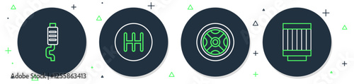 Set line Gear shifter, Car wheel, muffler and air filter icon. Vector