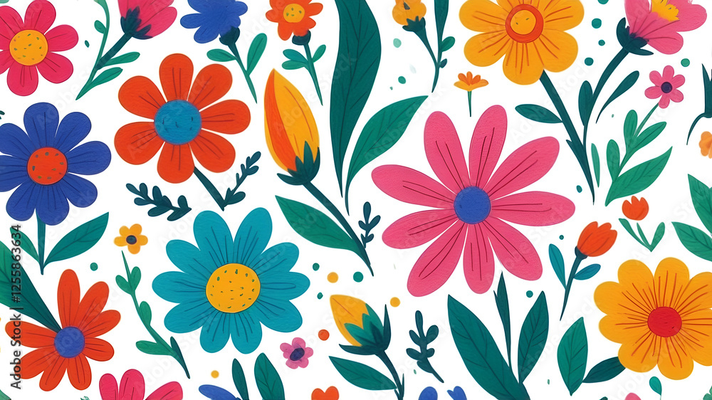 beautiful bright vivid floral pattern, colourful childish style felt tip pen illustration beautiful bright vivid floral pattern, colourful childish style felt tip pen illustration